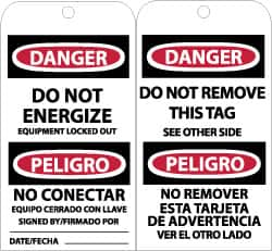 NMC - 3" High x 6" Long, DANGER - DO NOT ENERGIZE, English & Spanish Safety & Facility Accident Prevention Tag - Tag Header: Danger, 2 Sides, Black, Red & White Unrippable Vinyl - Caliber Tooling