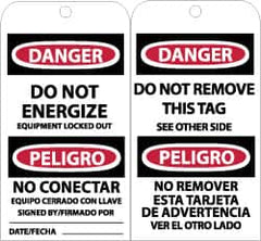 NMC - 3" High x 6" Long, DANGER - DO NOT ENERGIZE, English & Spanish Safety & Facility Accident Prevention Tag - Tag Header: Danger, 2 Sides, Black, Red & White Unrippable Vinyl - Caliber Tooling