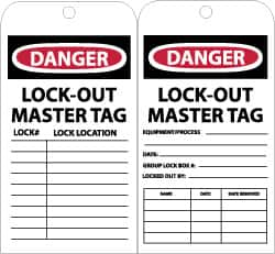 NMC - 3" High x 6" Long, DANGER - LOCKOUT MASTER TAG, English Safety & Facility Accident Prevention Tag - Tag Header: Danger, 2 Sides, Black, Red & White Unrippable Vinyl - Caliber Tooling