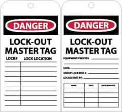 NMC - 3" High x 6" Long, DANGER - LOCKOUT MASTER TAG, English Safety & Facility Accident Prevention Tag - Tag Header: Danger, 2 Sides, Black, Red & White Unrippable Vinyl - Caliber Tooling