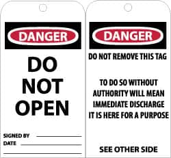 NMC - 3" High x 6" Long, DANGER - DO NOT OPEN, English Safety & Facility Accident Prevention Tag - Tag Header: Danger, 2 Sides, Black, Red & White Unrippable Vinyl - Caliber Tooling