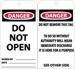 NMC - 3" High x 6" Long, DANGER - DO NOT OPEN, English Safety & Facility Accident Prevention Tag - Tag Header: Danger, 2 Sides, Black, Red & White Unrippable Vinyl - Caliber Tooling