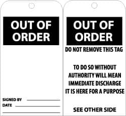 NMC - 3" High x 6" Long, OUT OF ORDER, English Safety & Facility Accident Prevention Tag - Tag Header: Danger, 2 Sides, Black & White Unrippable Vinyl - Caliber Tooling