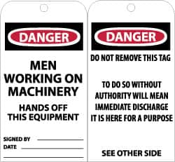 NMC - 3" High x 6" Long, DANGER - MEN WORKING ON MACHINERY - HANDS OFF THIS EQUIPMENT, English Safety & Facility Accident Prevention Tag - Tag Header: Danger, 2 Sides, Black, Red & White Unrippable Vinyl - Caliber Tooling