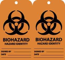 NMC - 3" High x 6" Long, BIOHAZARD - HAZARD IDENTITY, English Safety & Facility Accident Prevention Tag - Tag Header: Warning, 2 Sides, Black & Orange Unrippable Vinyl - Caliber Tooling