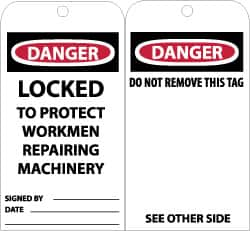 NMC - 3" High x 6" Long, DANGER - LOCKED TO PROJECT WORKMEN REPAIRING MACHINERY, English Safety & Facility Accident Prevention Tag - Tag Header: Danger, 2 Sides, Black, Red & White Unrippable Vinyl - Caliber Tooling