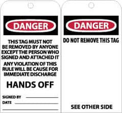 NMC - 3" High x 6" Long, DANGER - HANDS OFF, English Safety & Facility Accident Prevention Tag - Tag Header: Danger, 2 Sides, Black, Red & White Unrippable Vinyl - Caliber Tooling