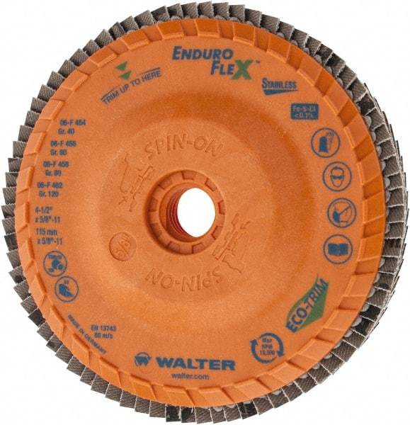 WALTER Surface Technologies - 40 Grit, 4-1/2" Disc Diam, 5/8-11 Center Hole, Zirconia Alumina Flap Disc - 13,300 Max RPM, Plastic Backing, Arbor Attaching System, Coated - Caliber Tooling