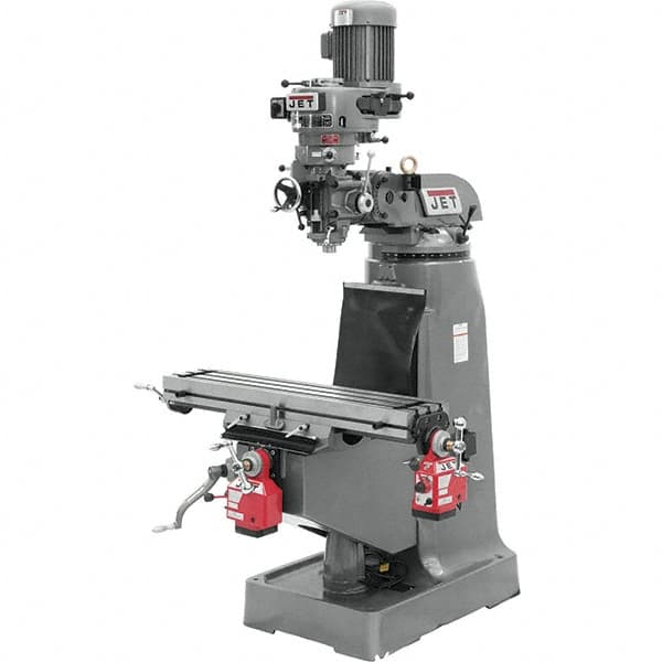 Jet - 9" Table Width x 42" Table Length, Step Pulley Control, 3 Phase Knee Milling Machine - R8 Spindle Taper, 2 hp - Caliber Tooling