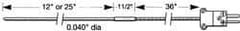 Thermo Electric - 0 to 1800°F, E Flexible, Thermocouple Probe - 3 Ft. Cable Length, Stripped Ends, 12 Inch Probe Sheath Length, 3 Sec Response Time - Caliber Tooling