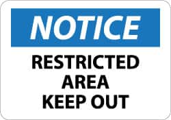 NMC - "Notice - Restricted Area - Keep Out", 10" Long x 14" Wide, Pressure-Sensitive Vinyl Safety Sign - Rectangle, 0.004" Thick, Use for Security & Admittance - Caliber Tooling