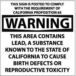 NMC - "Warning - This Area Contains Lead, a Substance Known to the State of California to Cause Birth Defects or Reproductive Toxicity", 10" Long x 10" Wide, Pressure-Sensitive Vinyl Safety Sign - Square, 0.004" Thick, Use for Hazardous Materials - Caliber Tooling