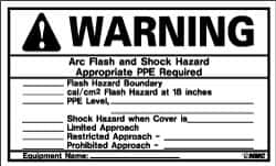 NMC - Accident Prevention Label, Header: WARNING - Legend: Warning - Arc Flash and Shock Hazard - Appropriate PPE Required, English, Black & Orange, 5" Long x 3" High, Sign Muscle Finish - Caliber Tooling