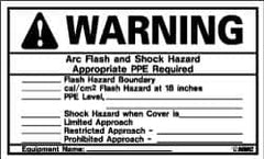 NMC - Accident Prevention Label, Header: WARNING - Legend: Warning - Arc Flash and Shock Hazard - Appropriate PPE Required, English, Black & Orange, 5" Long x 3" High, Sign Muscle Finish - Caliber Tooling