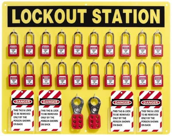 NMC - Equipped Acrylic Tag and Padlock / Hasp Station - 24 Inch Wide x 19 Inch High, Black on Yellow - Caliber Tooling