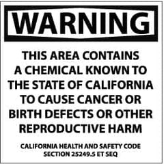 NMC - "Warning - This Area Contains a Chemical Known to the State of California to Cause Cancer or Birth Defects or Other...", 10" Long x 10" Wide, Rigid Plastic Safety Sign - Square, 0.05" Thick, Use for Hazardous Materials - Caliber Tooling