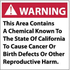 NMC - "Warning - This Area Contains a Chemical Known to the State of California to Cause Cancer, Birth Defects or Other...", 10" Long x 10" Wide, Pressure-Sensitive Vinyl Safety Sign - Square, 0.004" Thick, Use for Hazardous Materials - Caliber Tooling