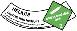 NMC - Hazardous Materials Label - Legend: Helium - Caution! High Pressure - Non Flammable Gas - 2, English, Green, Black & White, 5-1/4" Long x 2" High, Sign Muscle Finish - Caliber Tooling