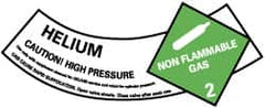 NMC - Hazardous Materials Label - Legend: Helium - Caution! High Pressure - Non Flammable Gas - 2, English, Green, Black & White, 5-1/4" Long x 2" High, Sign Muscle Finish - Caliber Tooling