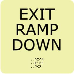 NMC - Exit Ramp Down, Plastic Exit Sign - 8" Wide x 8" High, English/Braille, Glow-in-the-Dark - Caliber Tooling