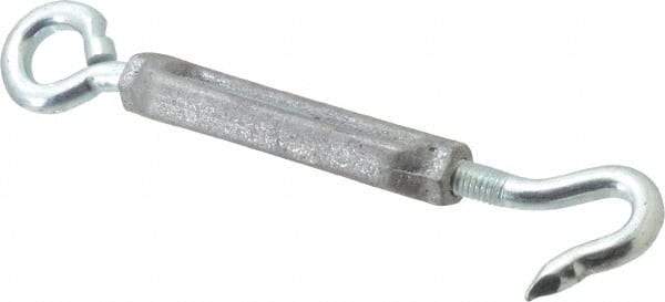 Made in USA - 144 (Eye) & 174 (Hook) Lb Load Limit, 3/8" Thread Diam, 2-7/8" Take Up, Aluminum Hook & Eye Turnbuckle - 3-7/8" Body Length, 1/4" Neck Length, 7-1/2" Closed Length - Caliber Tooling