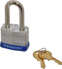 Master Lock - Keyed Different Retaining Key Conductive Lockout Padlock - 1-1/2" Shackle Clearance, 9/32" Shackle Diam, 1-1/4" Body Height x 1-9/16" Body Width, Blue, 4 Pins - Caliber Tooling