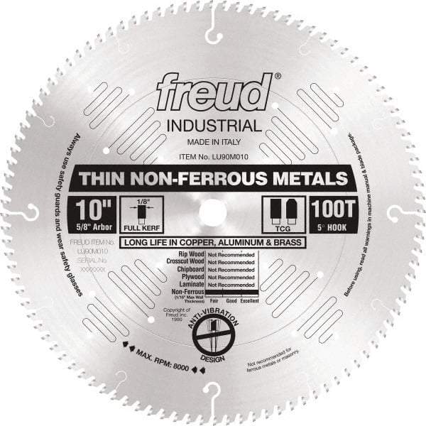 Freud - 10" Diam, 5/8" Arbor Hole Diam, 100 Tooth Wet & Dry Cut Saw Blade - Carbide-Tipped, Standard Round Arbor - Caliber Tooling