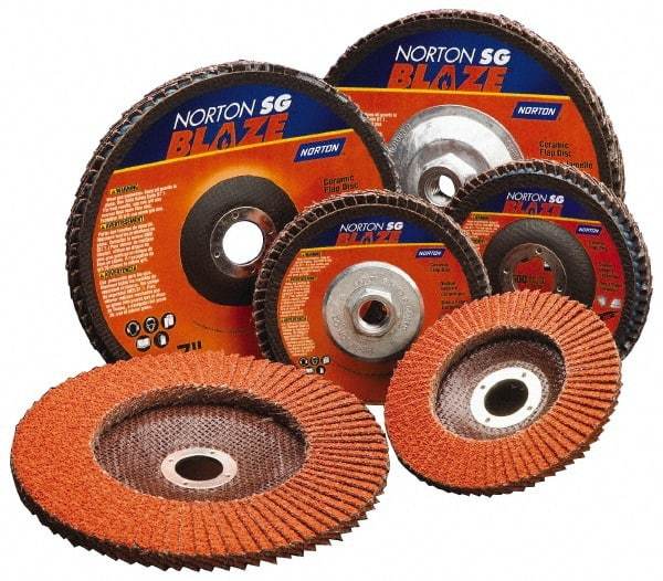 Norton - 60 Grit, 7" Disc Diam, 5/8-11 Center Hole, Type 27 Ceramic Flap Disc - Plastic Backing, Arbor Attaching System, Coated - Caliber Tooling