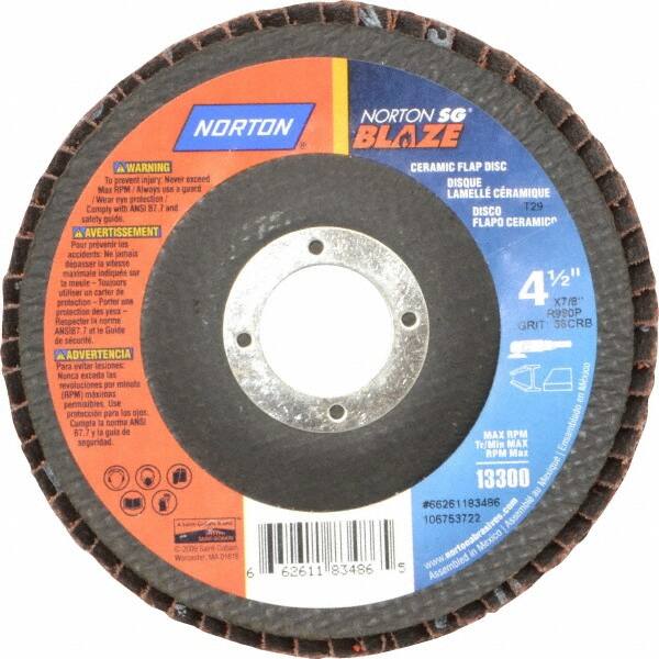 Norton - 36 Grit, 4-1/2" Disc Diam, 7/8" Center Hole, Type 29 Ceramic Flap Disc - 13,000 Max RPM, Fiberglass Backing, Arbor Attaching System, Coated - Caliber Tooling