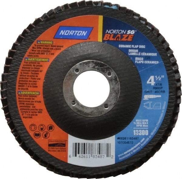 Norton - 40 Grit, 4-1/2" Disc Diam, 7/8" Center Hole, Type 29 Ceramic Flap Disc - 13,000 Max RPM, Fiberglass Backing, Arbor Attaching System, Coated - Caliber Tooling