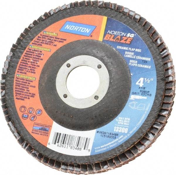 Norton - 60 Grit, 4-1/2" Disc Diam, 7/8" Center Hole, Type 29 Ceramic Flap Disc - 13,000 Max RPM, Fiberglass Backing, Arbor Attaching System, Coated - Caliber Tooling