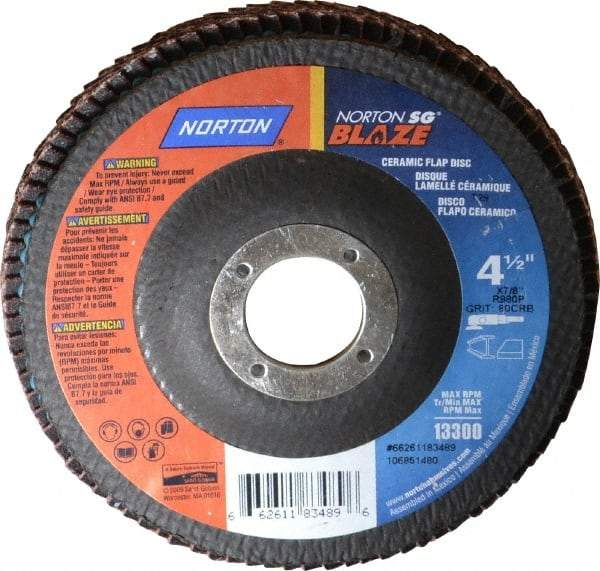 Norton - 80 Grit, 4-1/2" Disc Diam, 7/8" Center Hole, Type 29 Ceramic Flap Disc - 13,000 Max RPM, Fiberglass Backing, Arbor Attaching System, Coated - Caliber Tooling