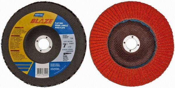 Norton - 36 Grit, 7" Disc Diam, 7/8" Center Hole, Type 29 Ceramic Flap Disc - 8,500 Max RPM, Fiberglass Backing, Arbor Attaching System, Coated - Caliber Tooling