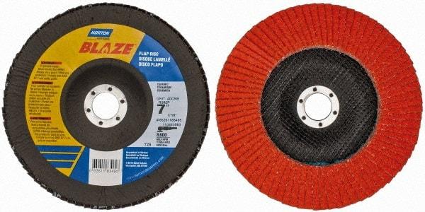 Norton - 40 Grit, 7" Disc Diam, 7/8" Center Hole, Type 29 Ceramic Flap Disc - 8,500 Max RPM, Fiberglass Backing, Arbor Attaching System, Coated - Caliber Tooling