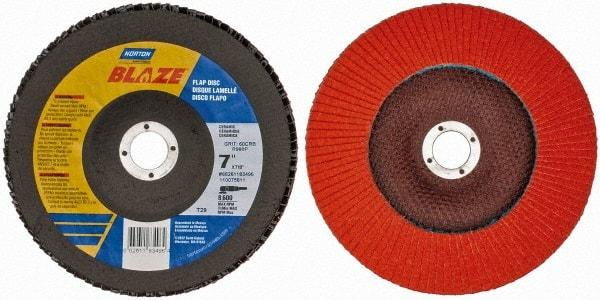 Norton - 60 Grit, 7" Disc Diam, 7/8" Center Hole, Type 29 Ceramic Flap Disc - 8,500 Max RPM, Fiberglass Backing, Arbor Attaching System, Coated - Caliber Tooling