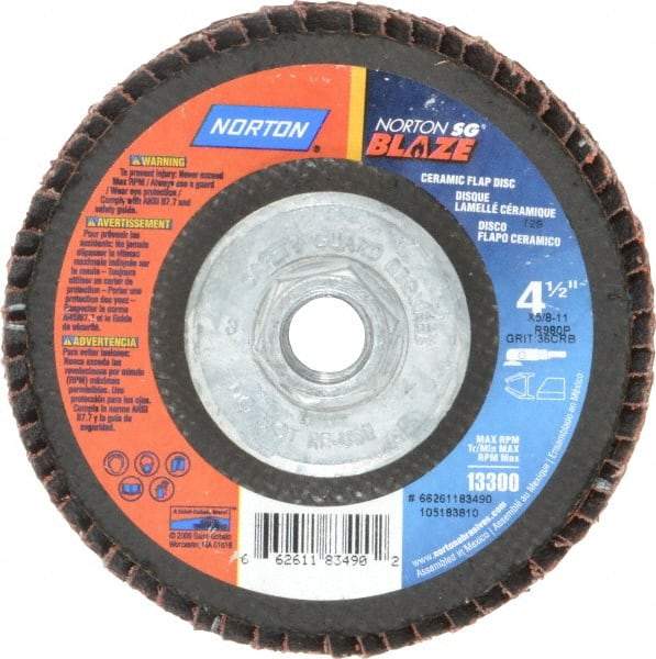 Norton - 80 Grit, 5" Disc Diam, Type 29 Flap Disc - Fiberglass Backing, Arbor Attaching System - Caliber Tooling