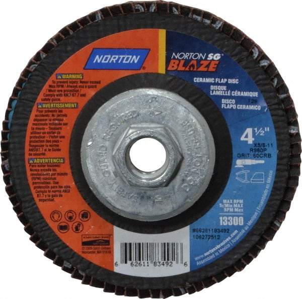 Norton - 60 Grit, 4-1/2" Disc Diam, 5/8-11 Center Hole, Type 29 Ceramic Flap Disc - 13,000 Max RPM, Fiberglass Backing, Arbor Attaching System, Coated - Caliber Tooling