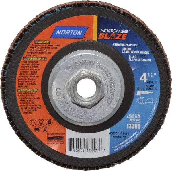 Norton - 80 Grit, 4-1/2" Disc Diam, 5/8-11 Center Hole, Type 29 Ceramic Flap Disc - 13,000 Max RPM, Fiberglass Backing, Arbor Attaching System, Coated - Caliber Tooling