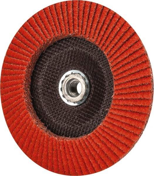 Norton - 36 Grit, 7" Disc Diam, 5/8-11 Center Hole, Type 29 Ceramic Flap Disc - 8,500 Max RPM, Fiberglass Backing, Arbor Attaching System, Coated - Caliber Tooling