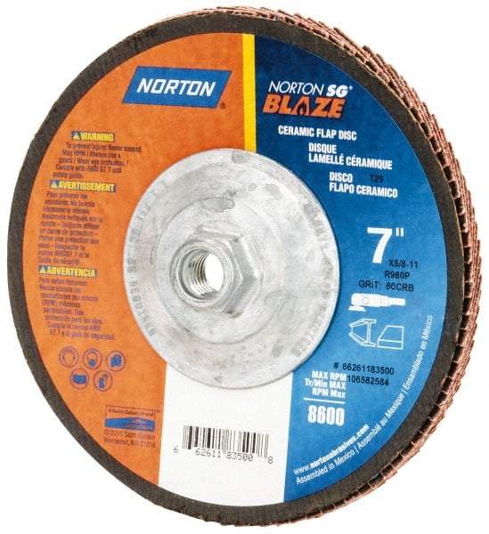 Norton - 60 Grit, 7" Disc Diam, 5/8-11 Center Hole, Type 29 Ceramic Flap Disc - 8,500 Max RPM, Fiberglass Backing, Arbor Attaching System, Coated - Caliber Tooling