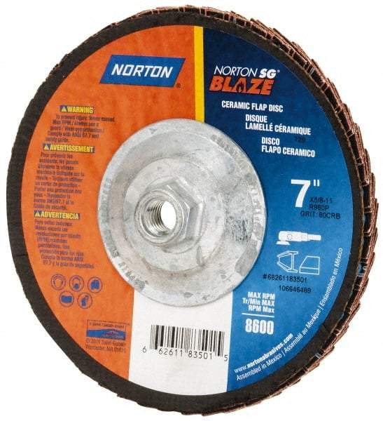 Norton - 80 Grit, 7" Disc Diam, 5/8-11 Center Hole, Type 29 Ceramic Flap Disc - 8,500 Max RPM, Fiberglass Backing, Arbor Attaching System, Coated - Caliber Tooling