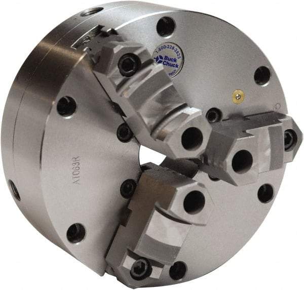 Buck Chuck Company - 3 Jaws, 12" Diam, Self Centering Manual Lathe Chuck - Plain Back Mount Spindle, Adjustable, Reversible, 1,500 Max RPM, 4-1/16" Through Hole Diam, Cast Iron - Caliber Tooling