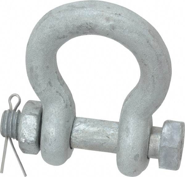 Made in USA - 7/16" Nominal Chain Size, 1.5 Ton Carbon Steel Bolt Anchor Shackle - 7/16" Diam, 1/2" Pin Diam, 1-11/16" High Inside Jaw, 1-1/4" Inside Width, 1-1/4" Max Body Thickness - Caliber Tooling