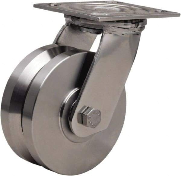 Hamilton - 5" Diam x 2" Wide, Stainless Steel Swivel Caster - 800 Lb Capacity, Top Plate Mount, 3-3/4" x 4-1/2" Plate, Delrin Bearing - Caliber Tooling