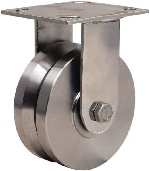 Hamilton - 5" Diam x 2" Wide, Stainless Steel Rigid Caster - 800 Lb Capacity, Top Plate Mount, 3-3/4" x 4-1/2" Plate, Stainless Steel Precision Ball Bearing - Caliber Tooling