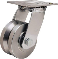 Hamilton - 4" Diam x 2" Wide, Stainless Steel Swivel Caster - 850 Lb Capacity, Top Plate Mount, 3-3/4" x 4-1/2" Plate, Delrin Bearing - Caliber Tooling