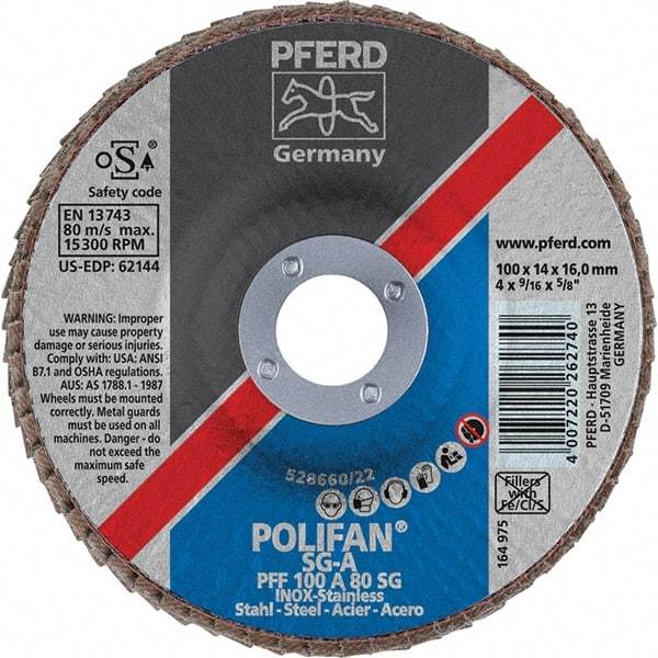 PFERD - 80 Grit, 4" Disc Diam, 5/8" Center Hole, Type 27 Aluminum Oxide Flap Disc - 15,300 Max RPM, Fiberglass Backing, Arbor Attaching System, Coated - Caliber Tooling