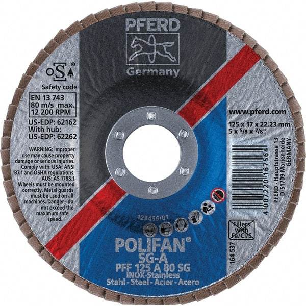 PFERD - 80 Grit, 5" Disc Diam, 7/8" Center Hole, Type 27 Aluminum Oxide Flap Disc - 12,200 Max RPM, Fiberglass Backing, Arbor Attaching System, Coated - Caliber Tooling