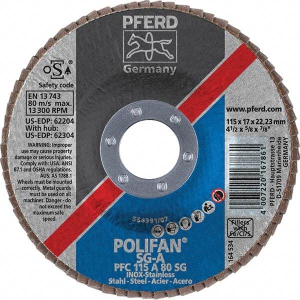 PFERD - 80 Grit, 4-1/2" Disc Diam, 7/8" Center Hole, Type 29 Aluminum Oxide Flap Disc - 13,300 Max RPM, Fiberglass Backing, Arbor Attaching System, Coated - Caliber Tooling