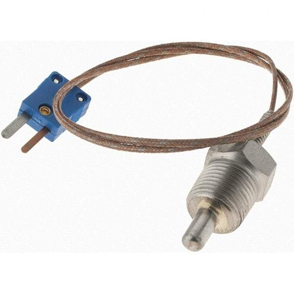 Thermo Electric - 0 to 700°F, T Pipe Plug, Thermocouple Probe - 5 Ft. Cable Length, Mini Connector, 1/2 Inch Probe Sheath Length, 6 Sec Response Time - Caliber Tooling